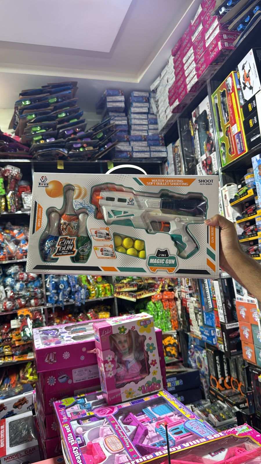 2-in-1 Magic Gun | Water Shooting & Soft Bullet Gun Set with Bowling Pins - KidsMall