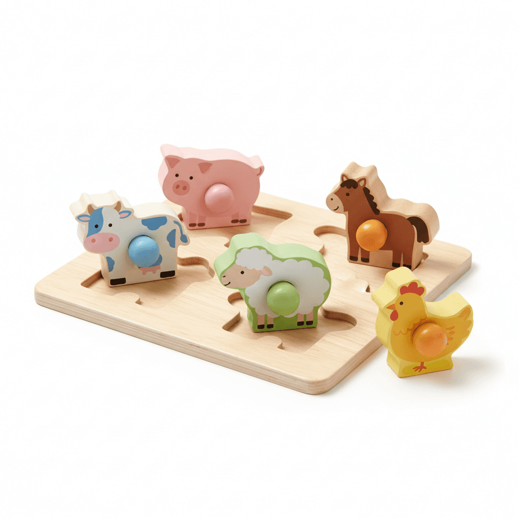 Wooden farm animal puzzle set for toddlers with easy grip knobs
