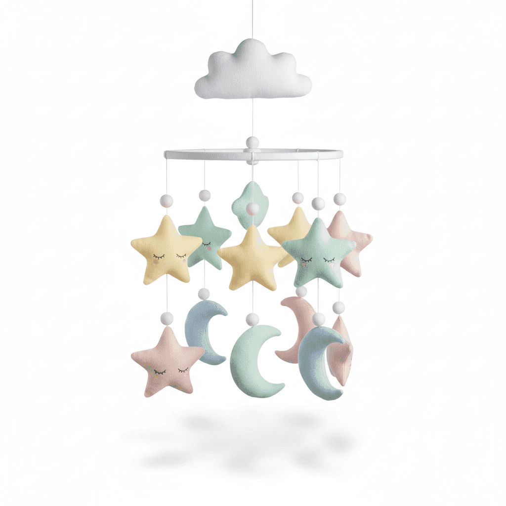 Baby crib mobile with soft pastel stars and moons