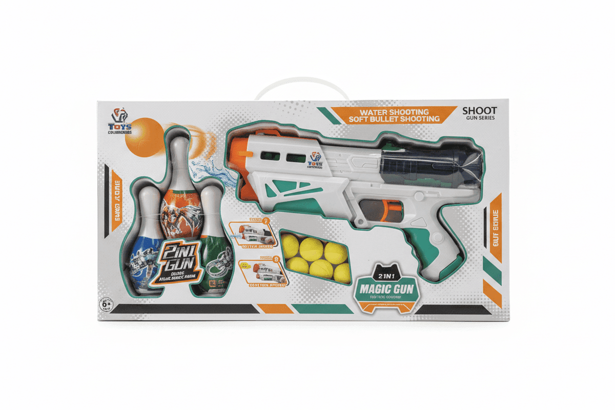 2-in-1 Magic Gun | Water Shooting & Soft Bullet Gun Set with Bowling Pins - KidsMall