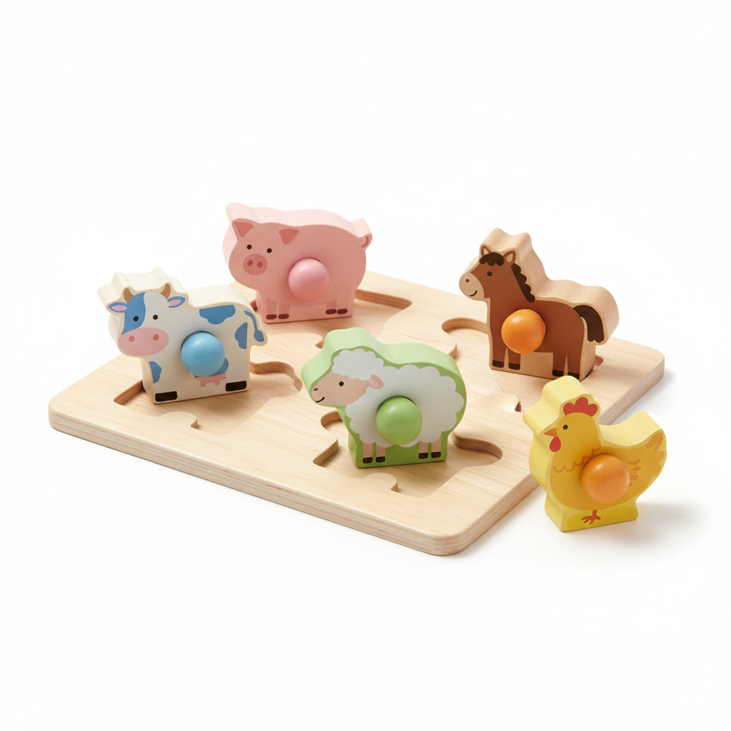 Wooden farm animal puzzle set for toddlers with easy grip knobs