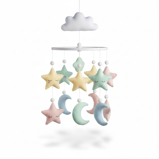 Baby crib mobile with soft pastel stars and moons
