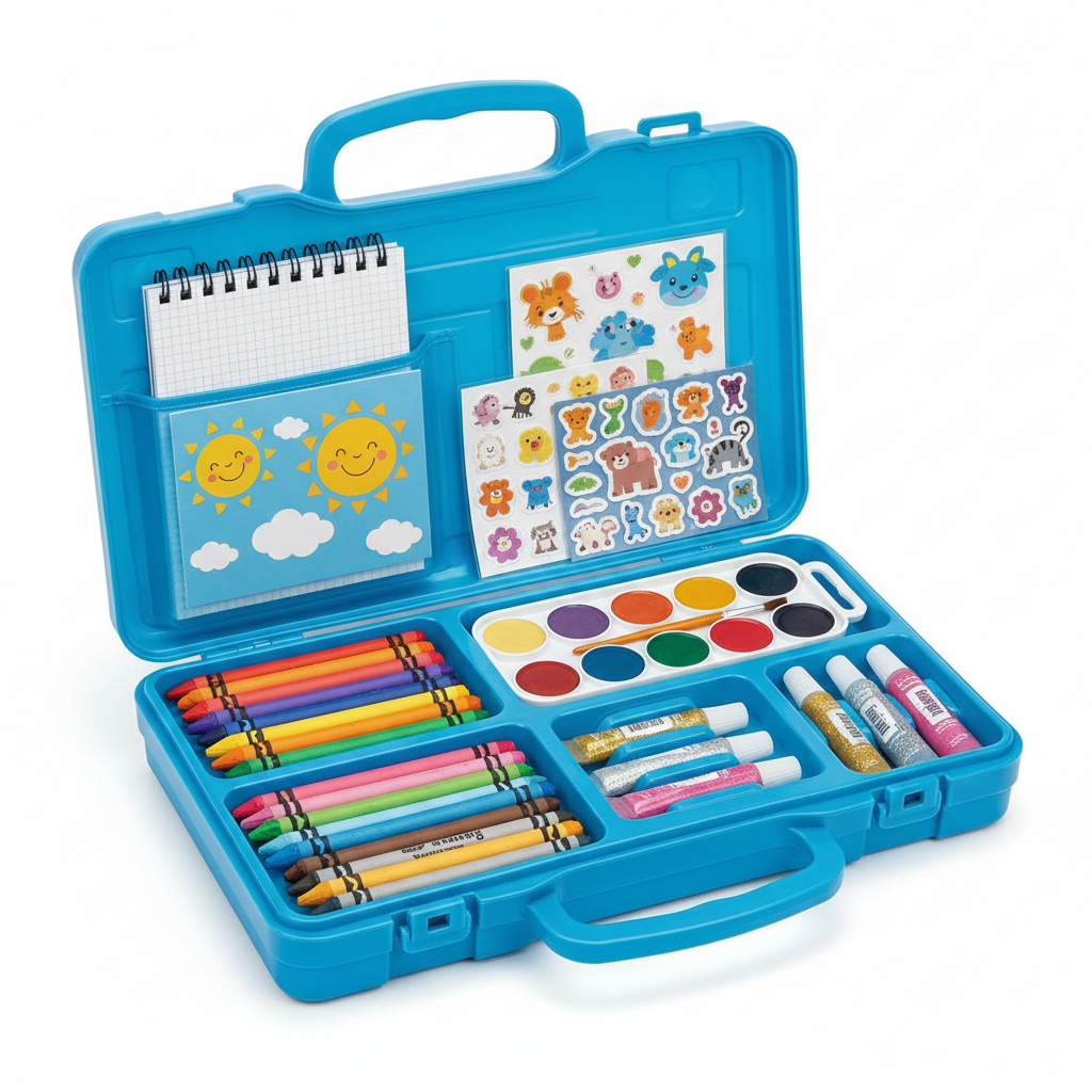 Kids art and craft kit with crayons watercolors stickers and glitter glue